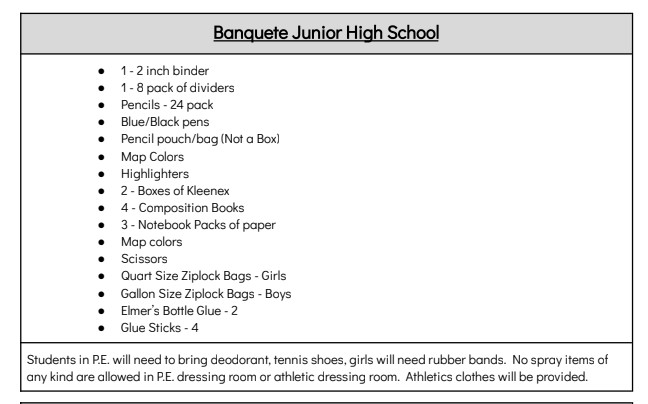 SCHOOL SUPPLY LIST